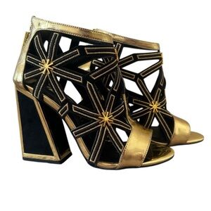 Kat Maconie Jasmin Gold & Black Heeled Sandals Size 6